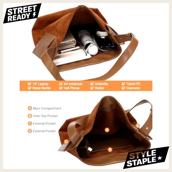 Soft Slouchy Suede Hobo Shoulder Bag, Adjustable Strap, Crossbody Tote Purse - Picture 6 of 7